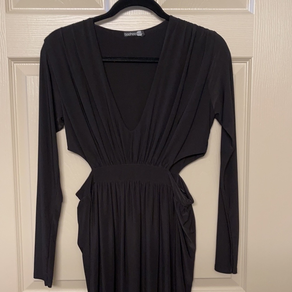 SEXY BLACK SIDE CUTOUT WRAP PARTY DRESS LONGSLEEVE